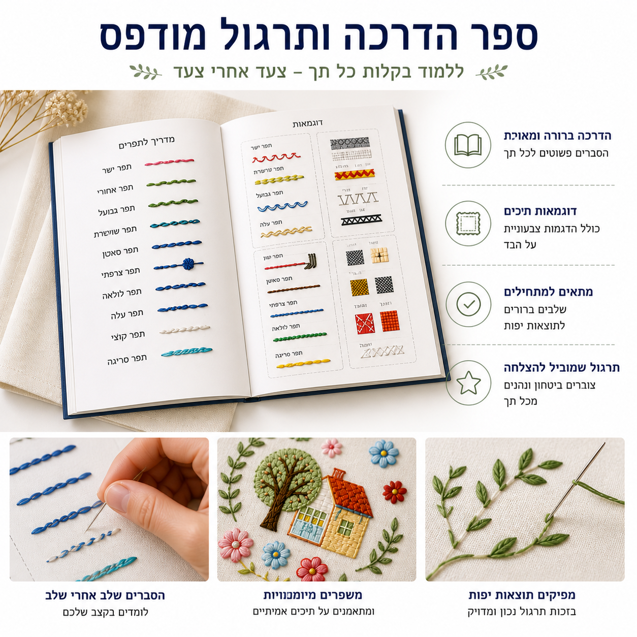Learn Embroidery Stitch Sampler Book – הדרך הכי נעימה ללמוד רקמה, צעד אחר צעד, על בד אמיתי